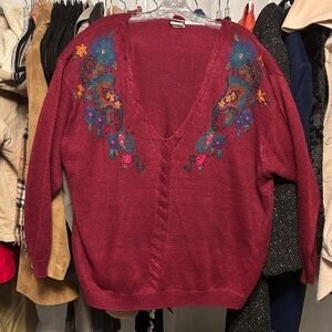 Vintage Granny Core Hand-Embroidered Comfy V-Neck Sweater in Red Size 2X